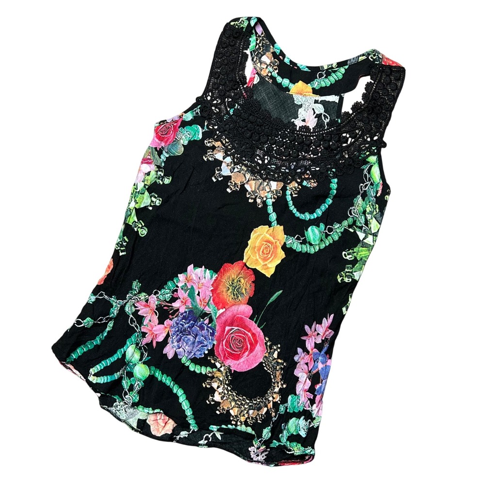 Vtg Caracol Tank Top P Black Floral Lace Trim 90s Grungw Mobwife